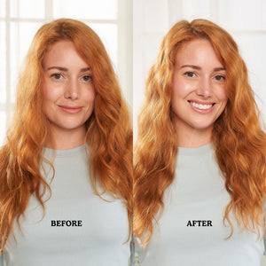 Before and after of woman using Triple Ripple Mini Waver to style hair