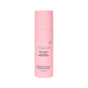 Pink bottle of 'Temp Check' heat protector on a white background