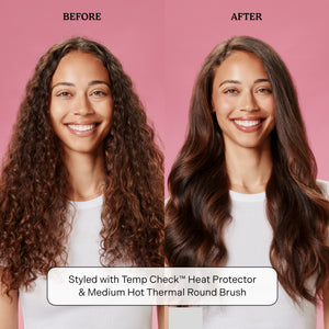 Before and after comparison of hair styled with Temp Check heat protector and thermal round brush on a pink background.