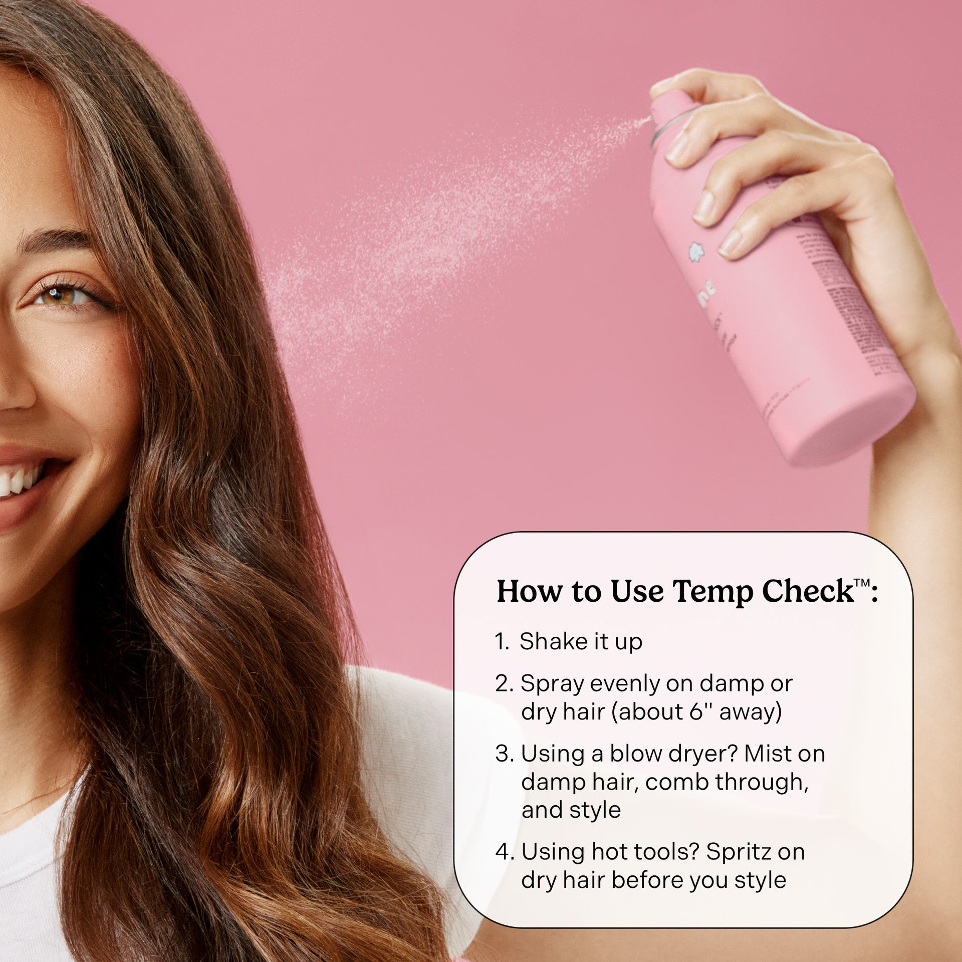 Woman using a pink hair product, temp check with text on how to use it against a pink background.