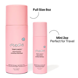 Two pink bottles of 'Temp Check' heat protector by 'Mane', one full size and one mini on a white background.