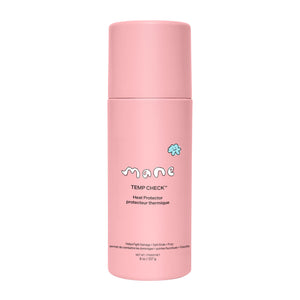 Pink bottle of 'Temp Check' heat protector by 'mane' on a white background