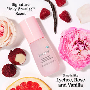 Shiny Dancer hair oil surrounded by lychee, vanilla pods, raspberries, and flowers on white background with text that reads