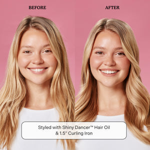 Before and after comparison of hair styled with Shiny Dancer Nourishing Hair Oil and a curling iron on a pink background.