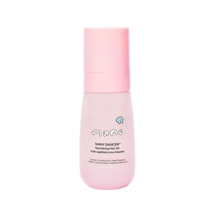 Pink bottle of Shiny Dancer nourishing hair oil on a white background