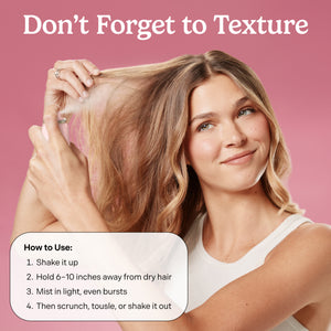 Woman with styled hair against a pink background with text on how to texture hair.