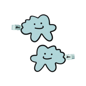 Two blue cloud-shaped clips with smiling faces on a white background