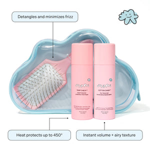 Mane product set with hairbrush and bottles on a white background