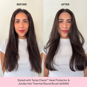 Before and after of woman's hair styled using temp check heat protectant and hot round brush