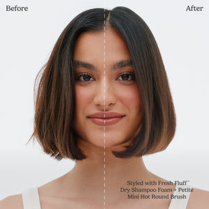 Before and after comparison of a woman's hair styled with Fresh Fluff products on a white background.