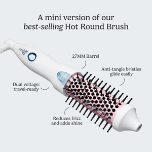 Mini version of a hot round brush with text highlighting features on a white background