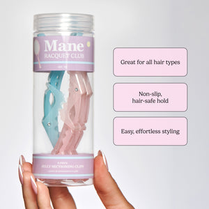 Clear jar containing pastel teal and pink jelly hair clips with a purple Mane label
