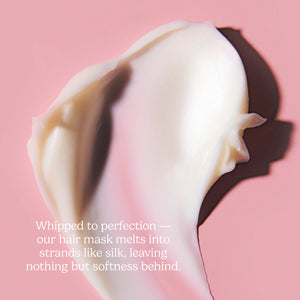 Whipped hair mask on pink background with text about its texture and softness.