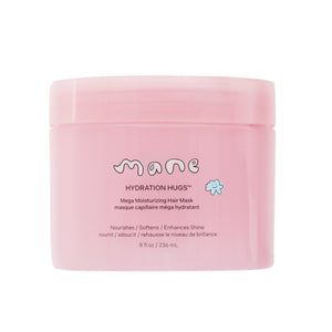 Pink hair mask container labeled 'Mane Hydration Hugs' on a white background