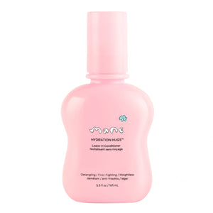 Pink bottle of 'Hydration Hugs' leave-in conditioner on a white background