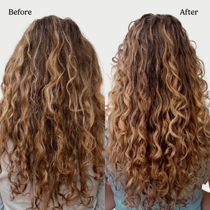 Before and after comparison of wavy hair with a neutral background