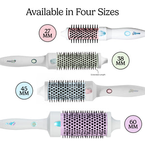 Set of hairbrushes with size labels on a white background