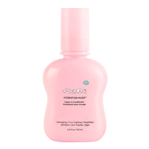 A pink bottle of Mane Hydration Hugs Leave-In Conditioner on a solid white background.