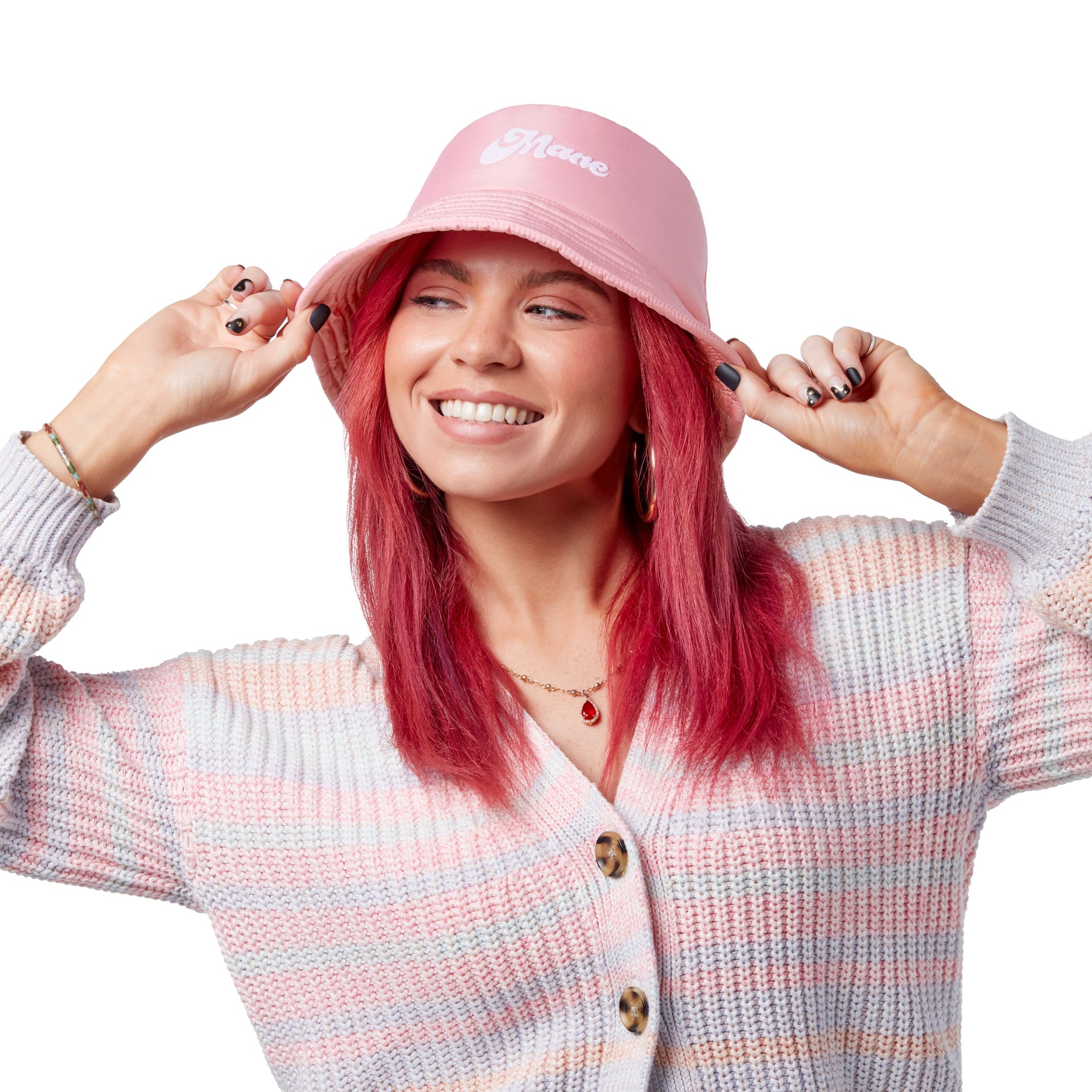 Pink puffy bucket hat on model