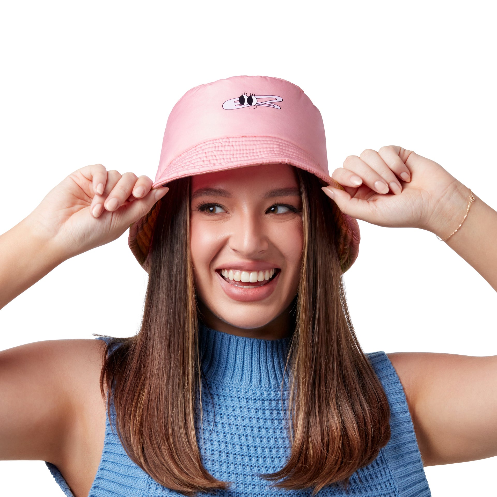 Pink puffy bucket hat on model
