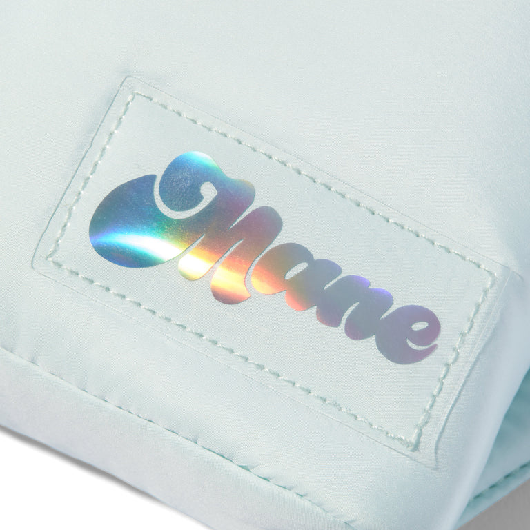 Puffy crossbody belt bag in mint green logo shot