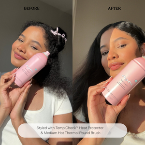 Side by side before and after collage showing hair transformation using Travel Temp Check Heat Protector and a pink bottle.