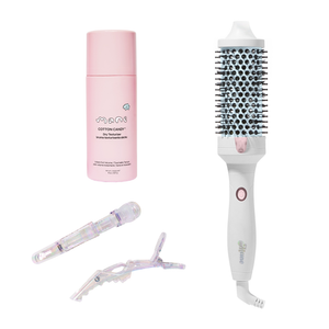 Large Hot Round Brush, Pink Texture Spray & 2 Hair Sectioning Clips on a white background