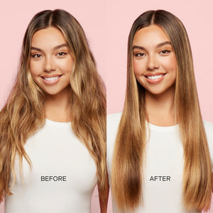 before and after of woman's hair styled with Mane’s Hot Straightening Brush