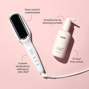 Inforgraphic of Mane’s Hot Straightening Brush and OUAI’s Anti-Frizz Crème which reads
