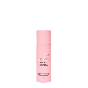 Pink cylindrical bottle of Temp Check Heat Protector spray against a white background