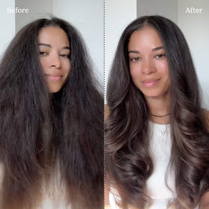 Before and after comparison of a woman's hair, showing frizzy, dry, and tangled hair on the left labeled 'Before,' and smooth, shiny, and styled hair on the right labeled 'After.'.
