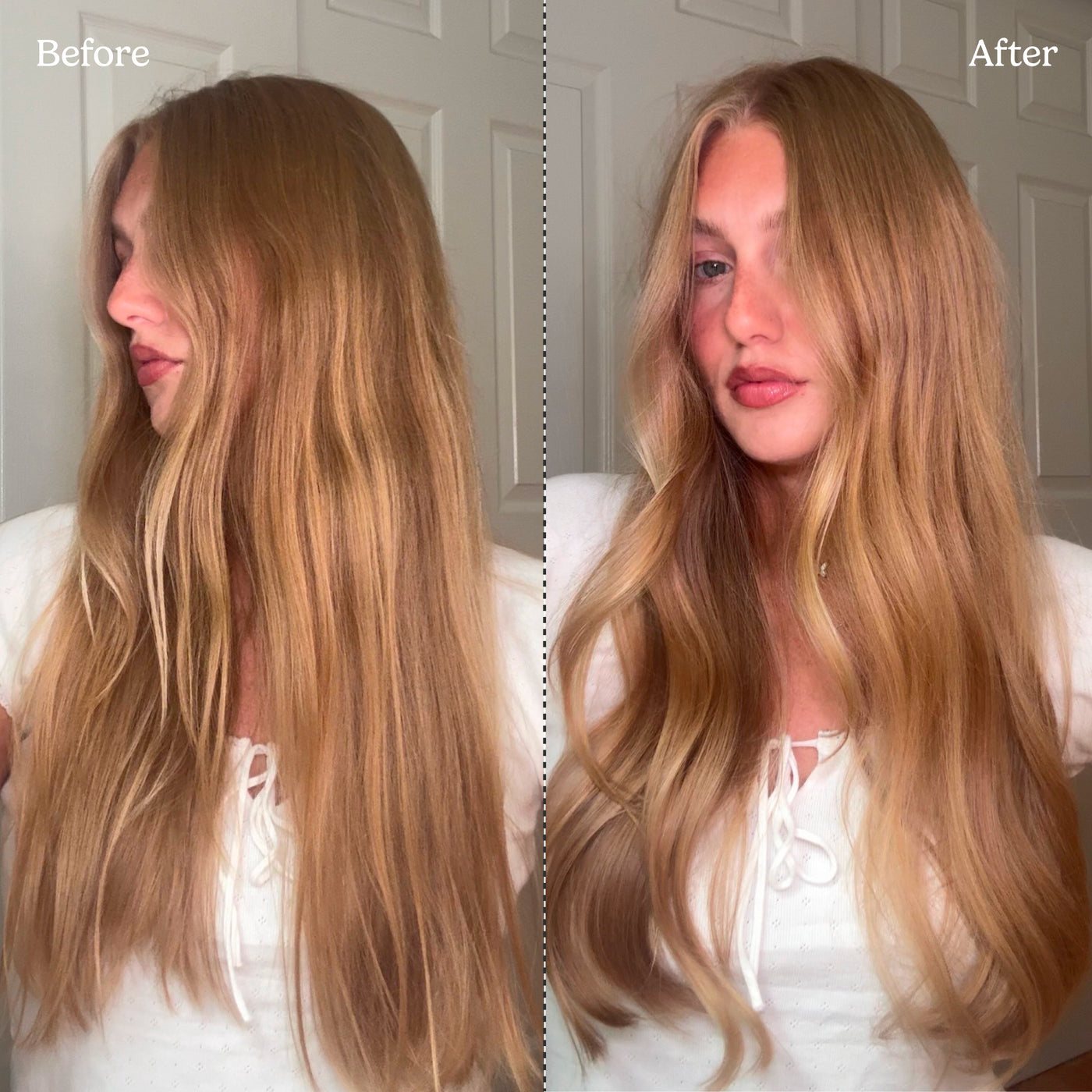 Before and after: flat blonde hair on the left, soft bouncy waves on the right