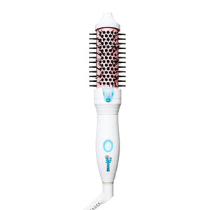 White hair styling tool with pink bristle head on a white background