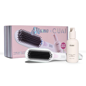 Mane’s Hot Straightening Brush and OUAI’s Anti-Frizz Crème next to Mane x Ouai product box
