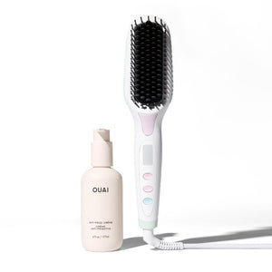 Mane’s Hot Straightening Brush and OUAI’s Anti-Frizz Crème next to each other on white background
