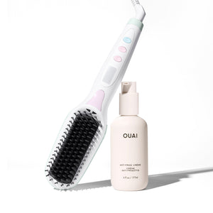 Mane’s Hot Straightening Brush & OUAI’s Anti-Frizz Crème against white background