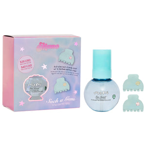 Sea Sweet™ Hair & Body Mist and two blue hair shell-shaped clips on white background next to Mane branded product box.