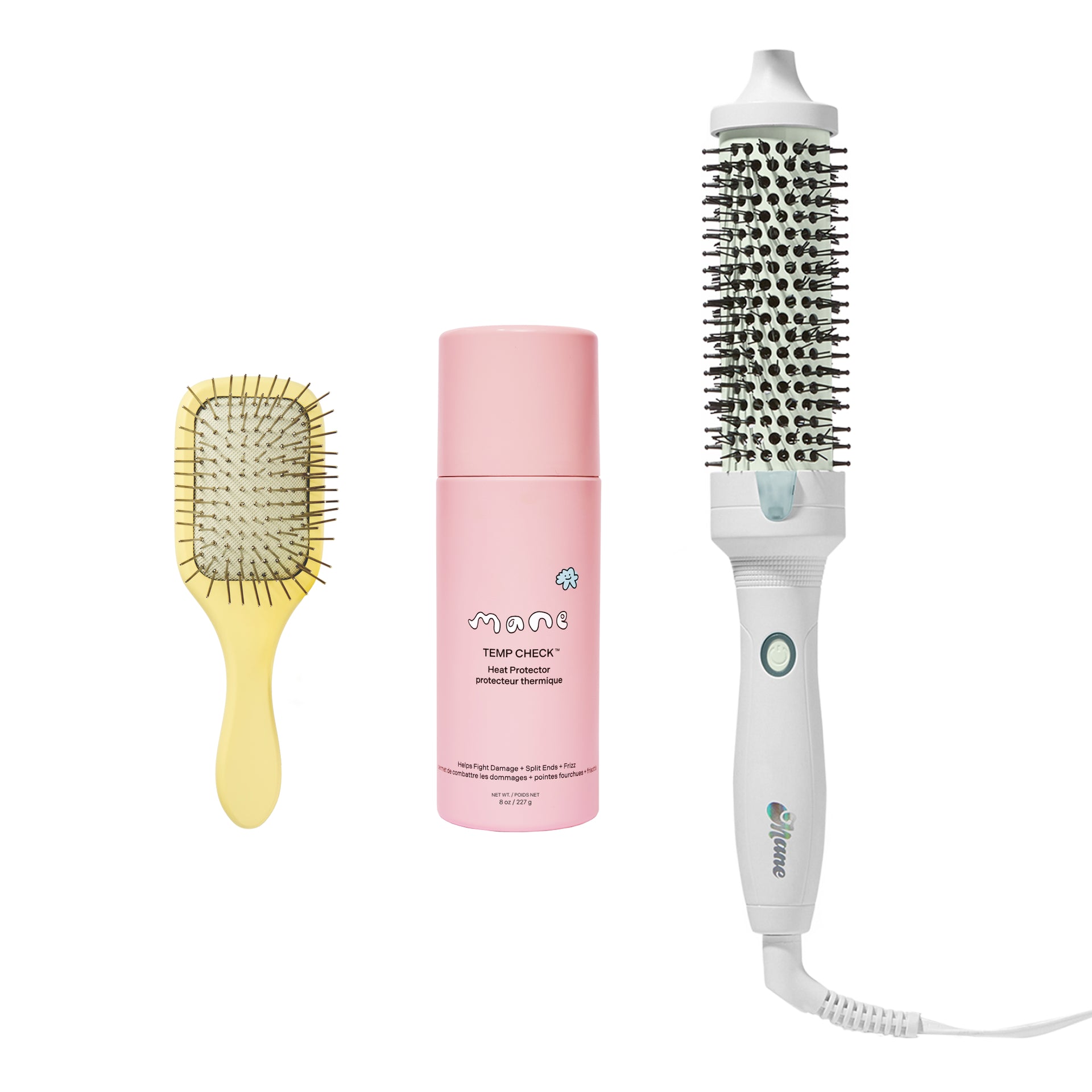 Hairbrush, bottle, and hair straightener on a white background