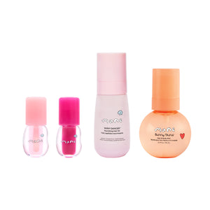 Four Miki beauty products arranged on a white background: two small pink bottles, one tall pale pink bottle, and one round peach-orange bottle.
