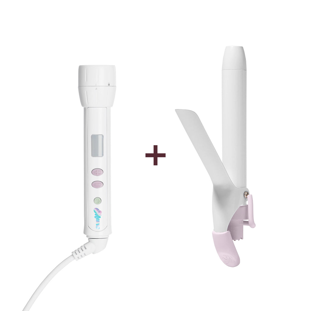 A white electric curling iron shown alongside a separate white curling barrel attachment with pale pink accents, separated by a dark plus sign on a plain white background.