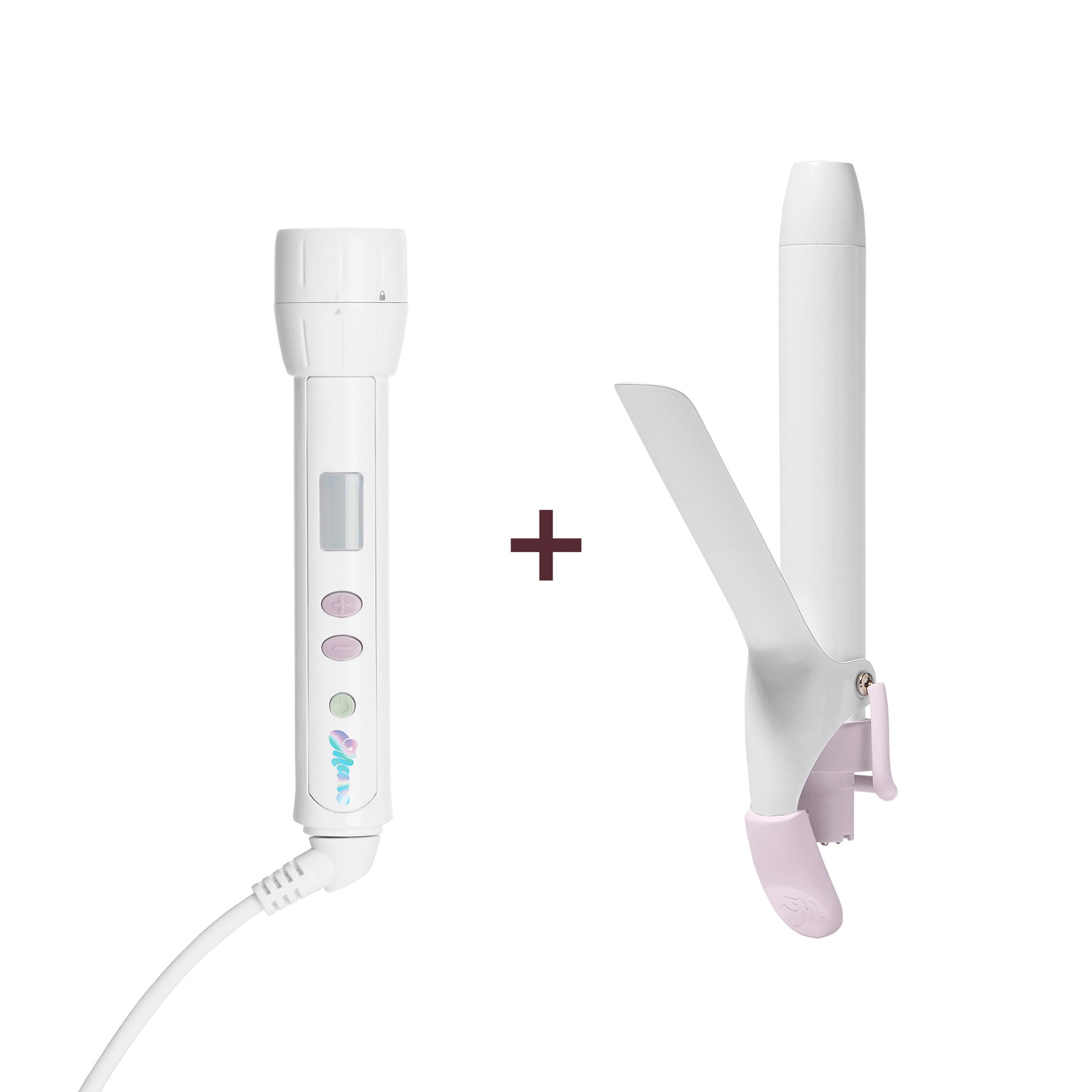 A white electric curling iron shown alongside a separate white curling barrel attachment with pale pink accents, separated by a dark plus sign on a plain white background.