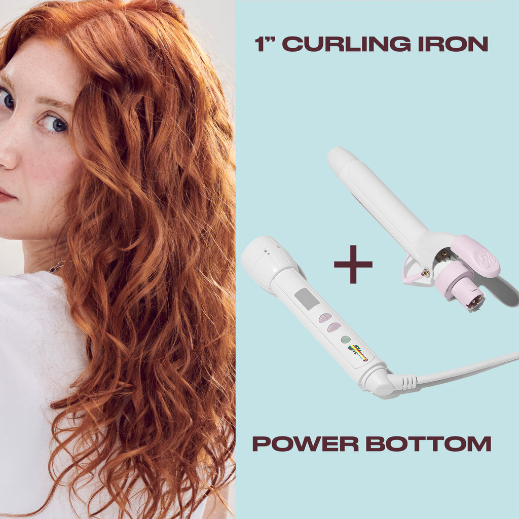 Woman with styled hair next to a 1-inch curling iron on a light blue background