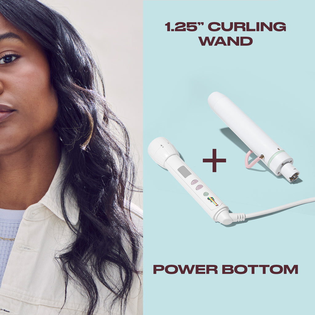A split promotional graphic showing a woman with long wavy hair on the left and a white curling wand on the right against a light blue background, with text reading '1.25" CURLING WAND' and 'POWER BOTTOM.
