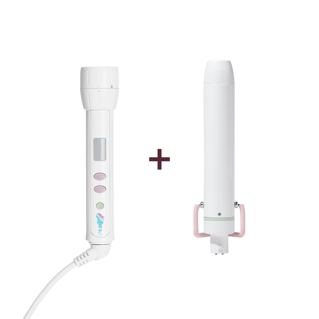 A white electronic hair styling wand shown alongside a matching white curling barrel attachment with pink handles, separated by a plus sign on a plain white background.