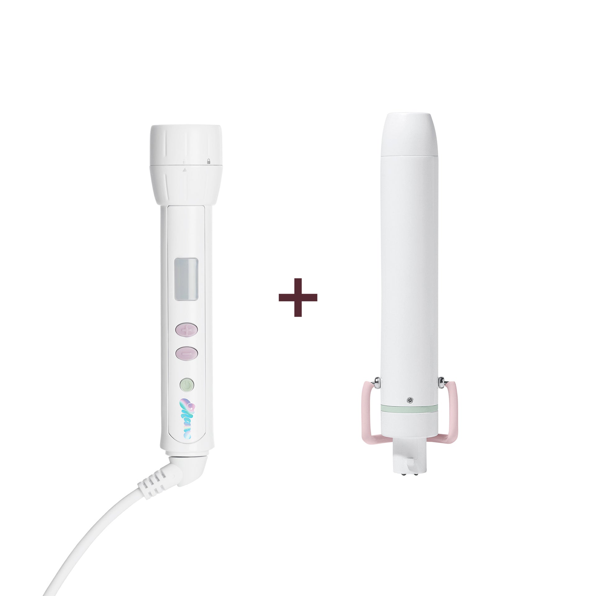 A white electronic hair styling wand shown alongside a matching white curling barrel attachment with pink handles, separated by a plus sign on a plain white background.