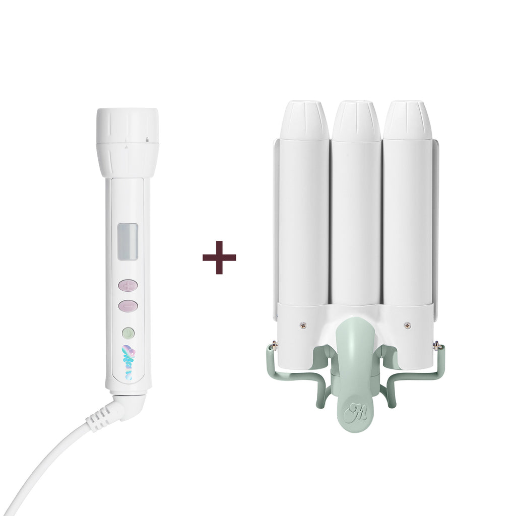 A hair styling tool set on a white background, featuring a white handheld wand controller with a cord on the left and a white triple-roller curling iron with pale mint green accents on the right, separated by a dark plus sign.