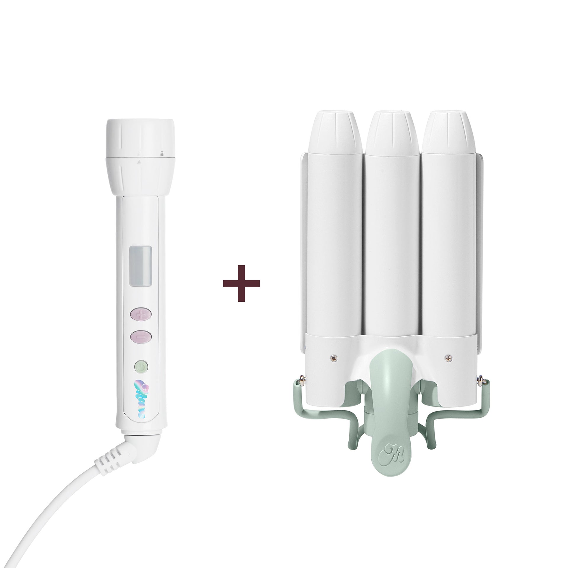 A hair styling tool set on a white background, featuring a white handheld wand controller with a cord on the left and a white triple-roller curling iron with pale mint green accents on the right, separated by a dark plus sign.