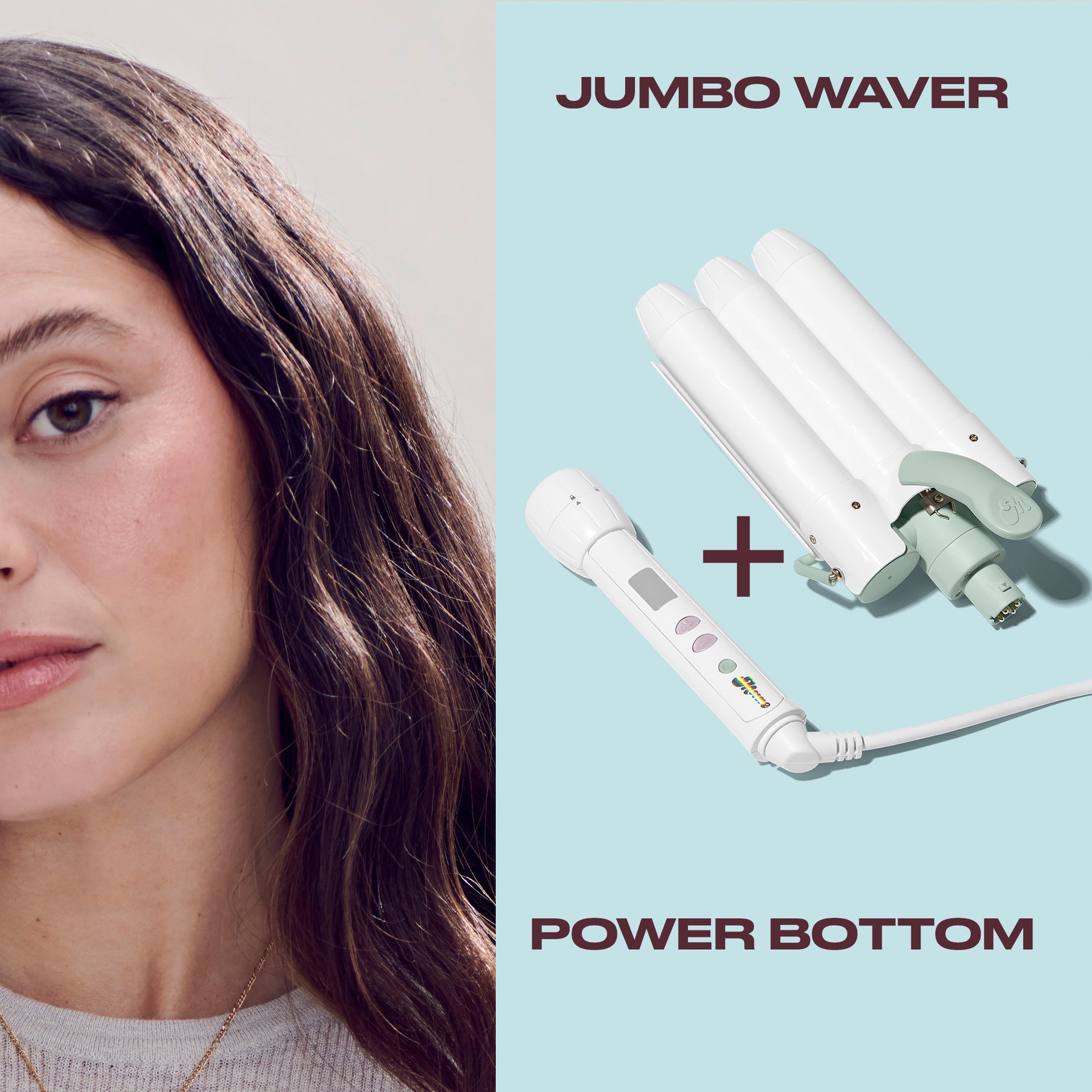 A split promotional image showing a woman on the left and a hair styling tool set on the right. The right side has a pale blue background with the text 'JUMBO WAVER' and 'POWER BOTTOM' and shows a white triple-bar curling iron and a white handheld controller with a digital display.