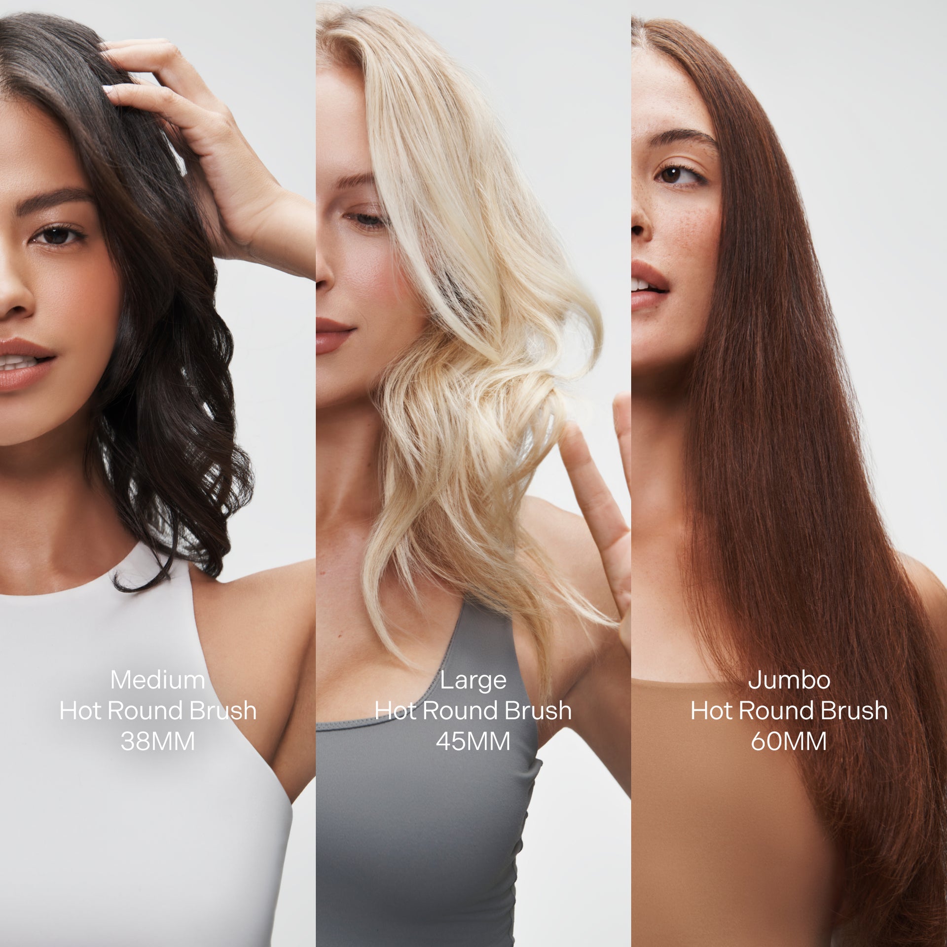 Three women with different hair types and lengths, each labeled with a hairbrush size.