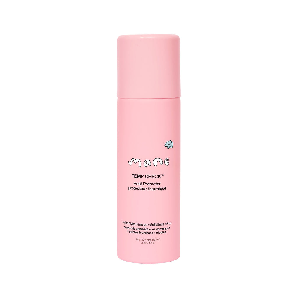 Pink bottle of 'Temp Check' heat protector on a white background
